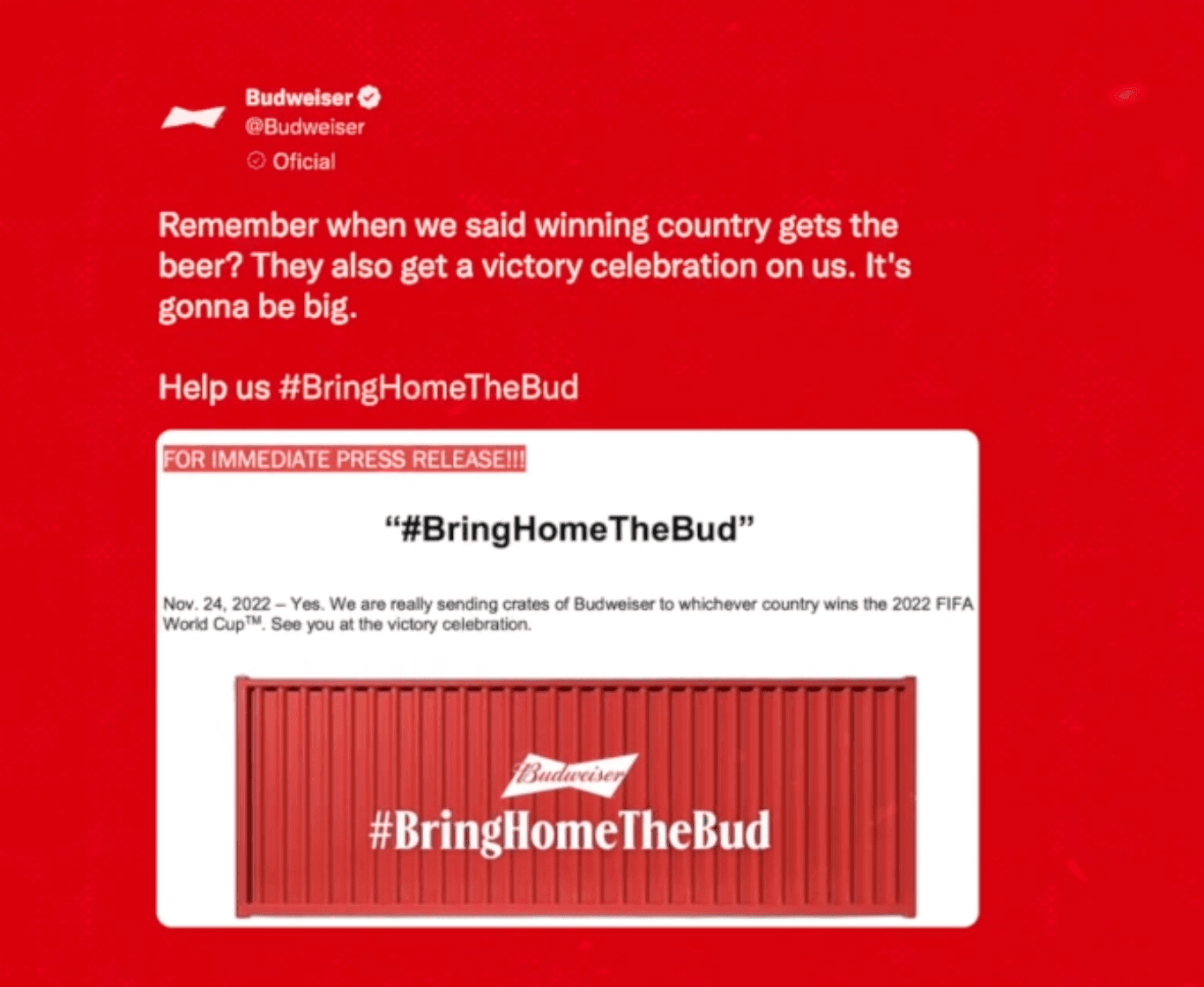 Budweiser #BringHomeTheBud 2022 FIFA World Cup campaign featuring a custom-branded red shipping container